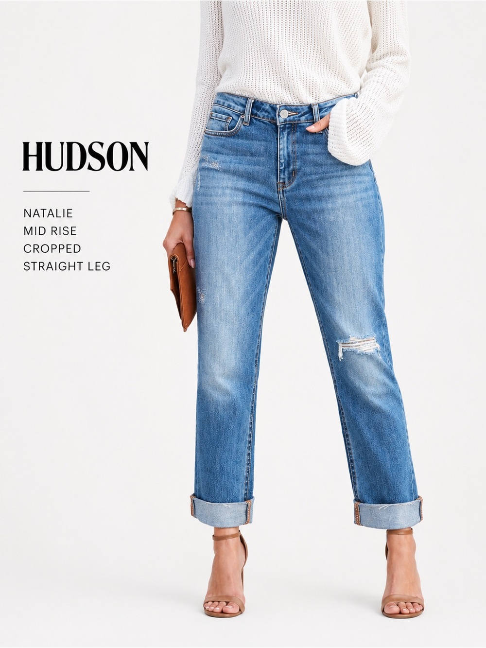 Hudson Natalie Mid Rise Cropped Straight Leg Jeans Distressed Size 26